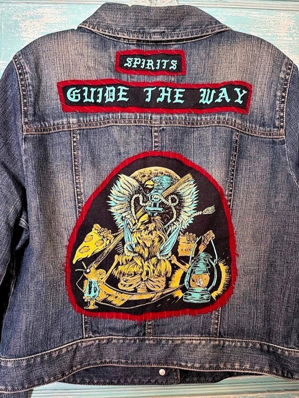 LOFT upcycled skull goth Embroidered Graphic Denim Jacket skeleton Halloween EUC